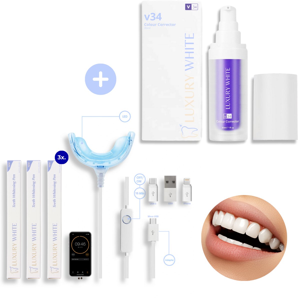 Luxury White Pro Glow Deluxe Tandenbleekset: PAP+ Strips, LED & V34 Corrector voor Stralende Witte Tanden