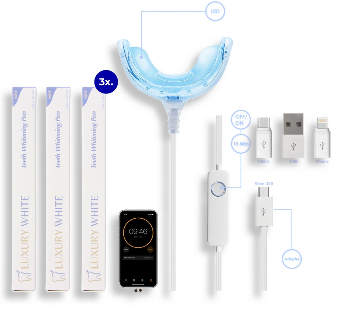 Luxury White Pro Glow Deluxe Tandenbleekset: PAP+ Strips, LED & V34 Corrector voor Stralende Witte Tanden